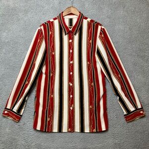 VTG Equestrian Baroque Button Up Top L Red White Black Stripe Gold Chain Maximal